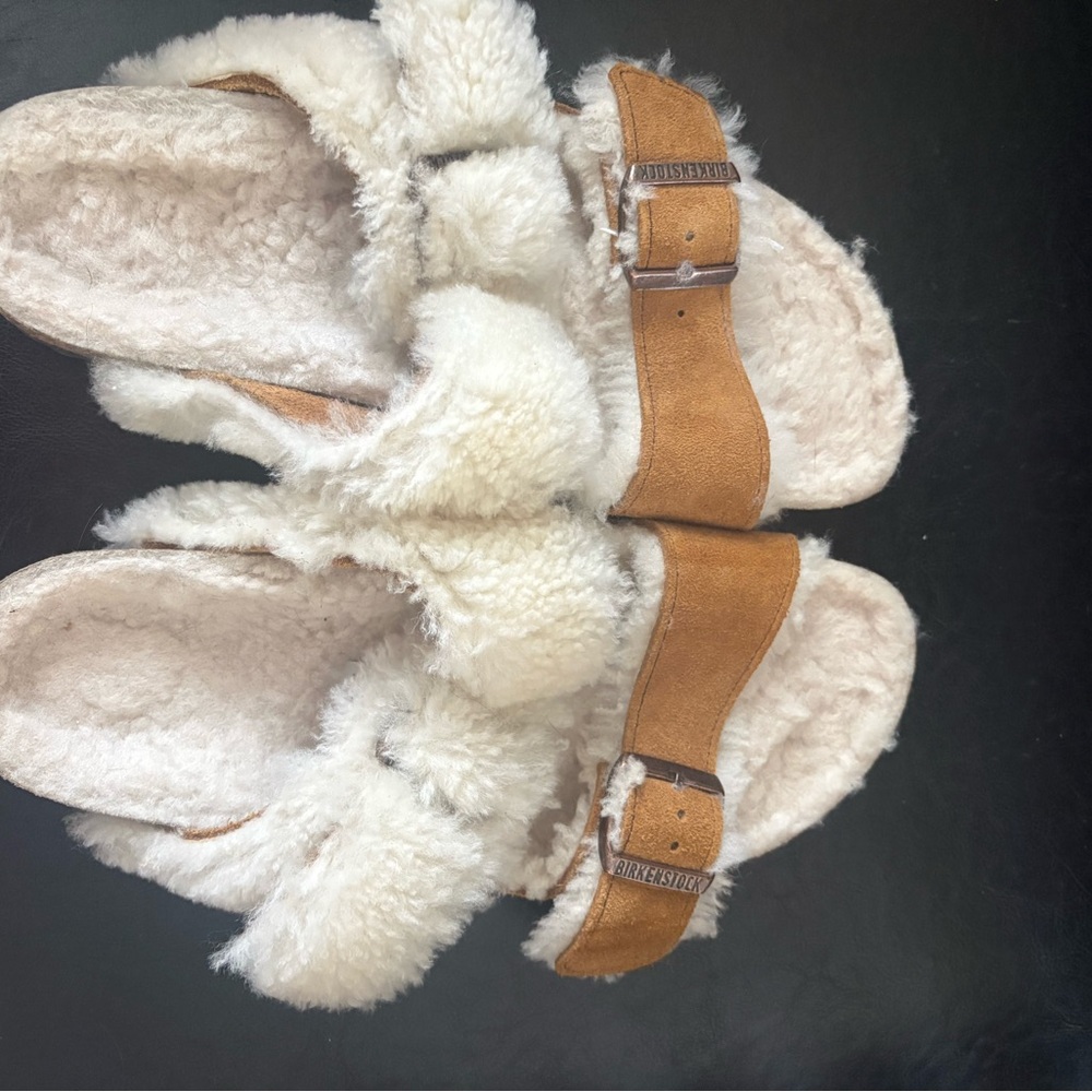 Birkenstock Tan Suede & Cream Shearling Two-Band Sandals